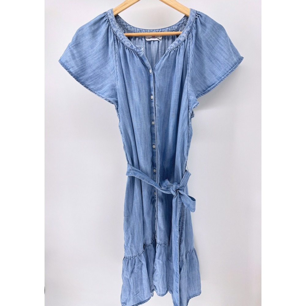 Vineyard Vines Chambray Denim Dress Womens L Blue Flutter Sleeve Belted Preppy